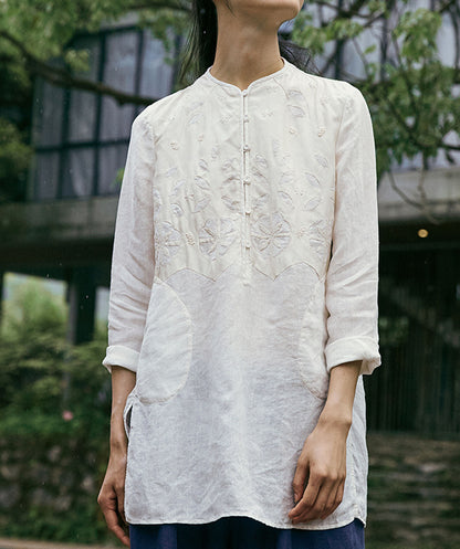 edoa Washed Linen Blouse Decored with Toned Dupioni Hand-sewn Applique' 