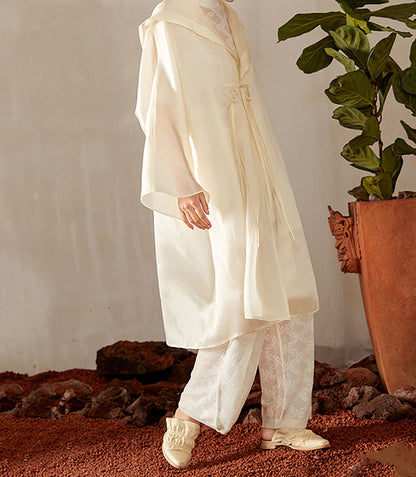 edoa Oversized Chinese Style Mulberry Silk Satin Organza Hooded Coat