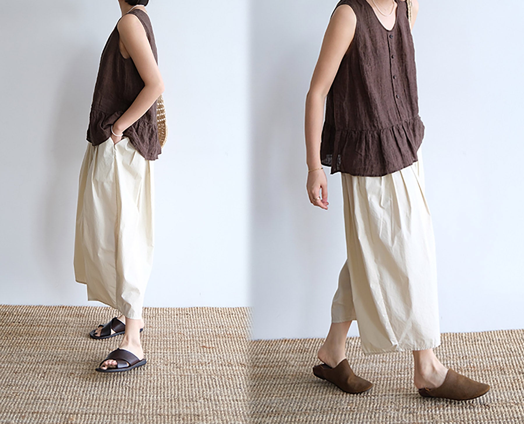 edoa Brown Yarn Dyed Linen Tank Top