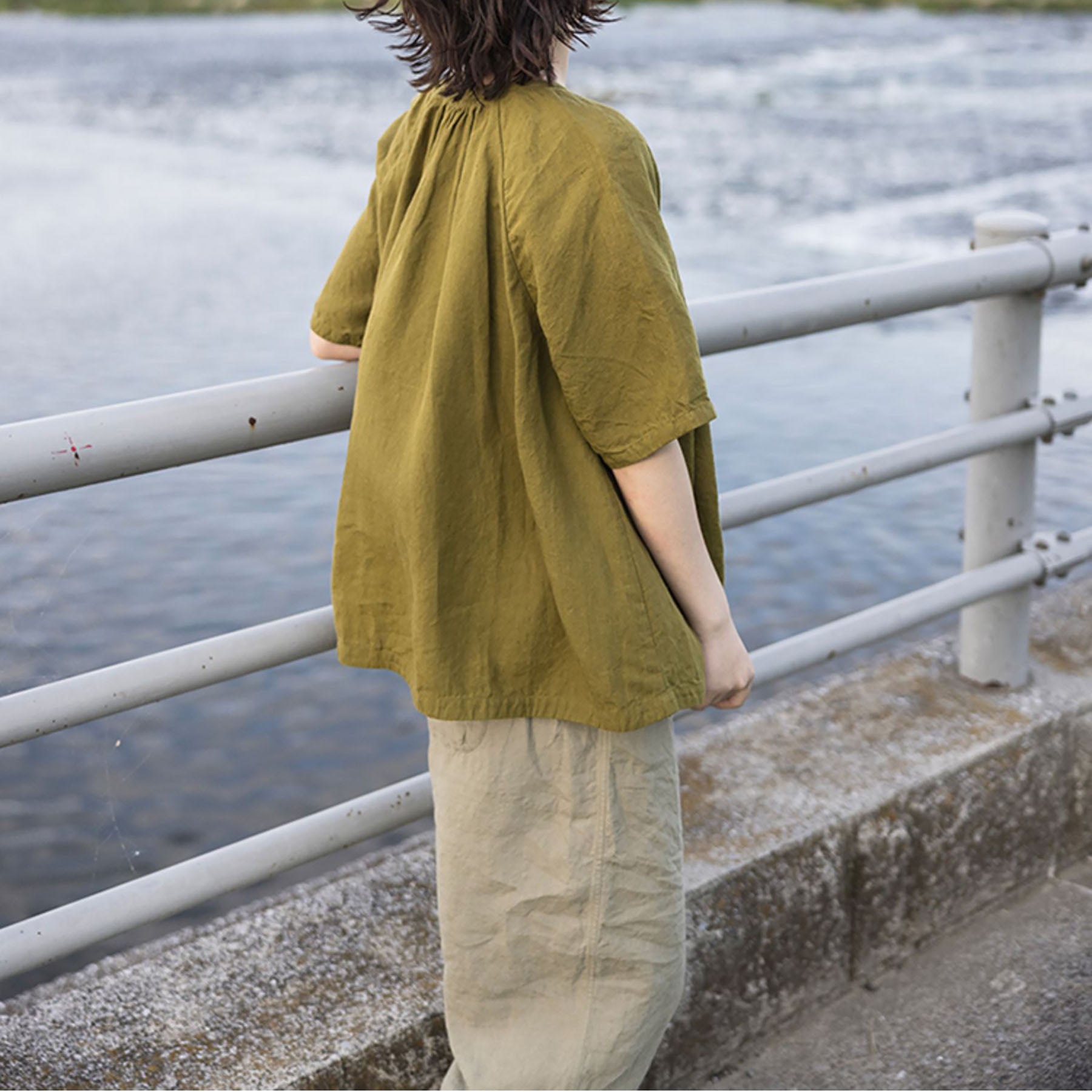 edoa Summer Linen Gathered Neck Blouse