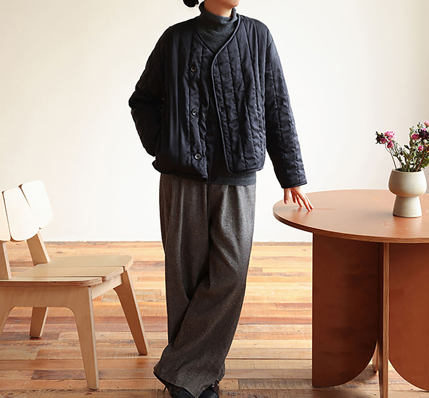 edoa Collarless Mulberry Silk Padded Overshirt