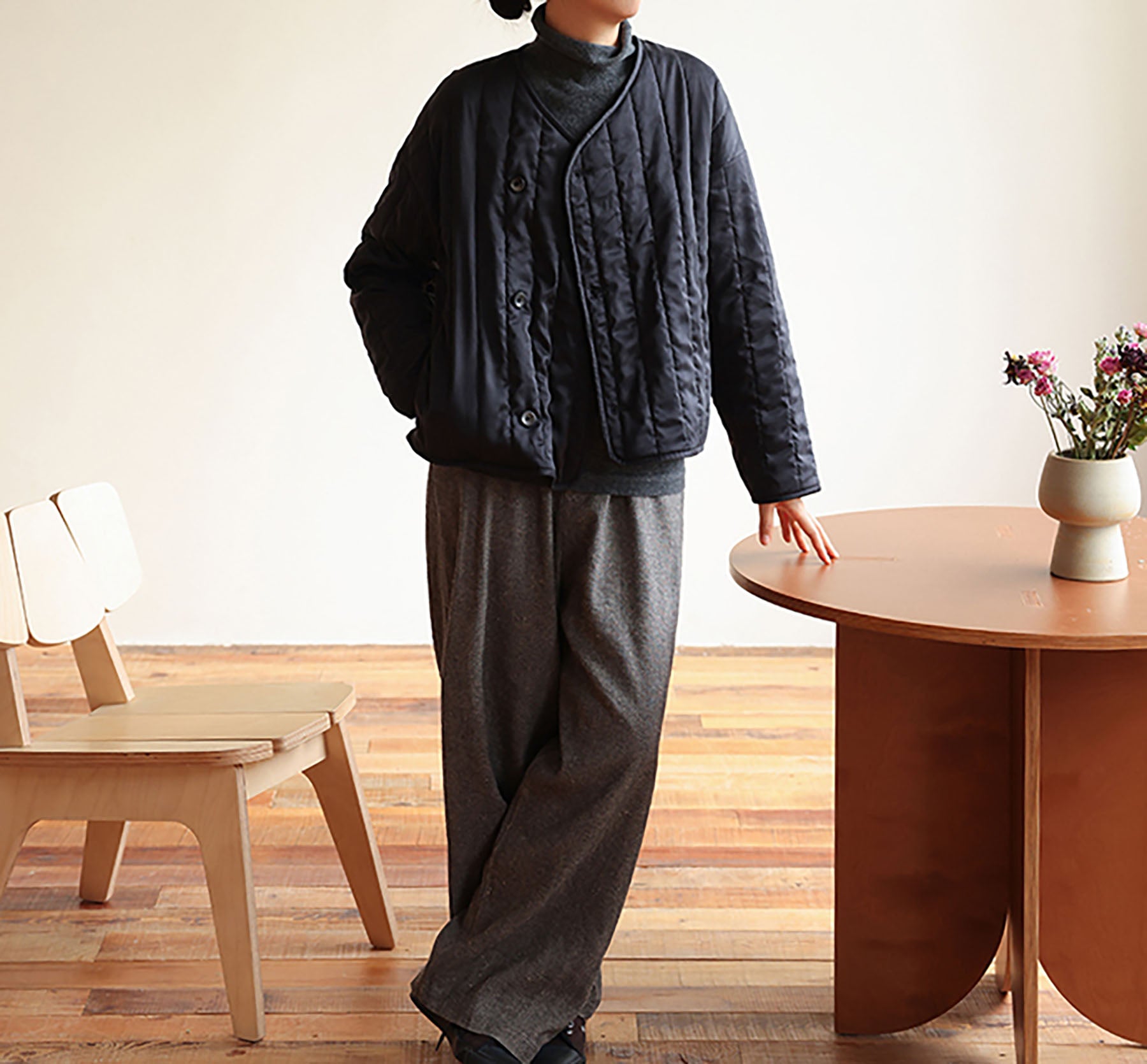 edoa Collarless Mulberry Silk Padded Overshirt