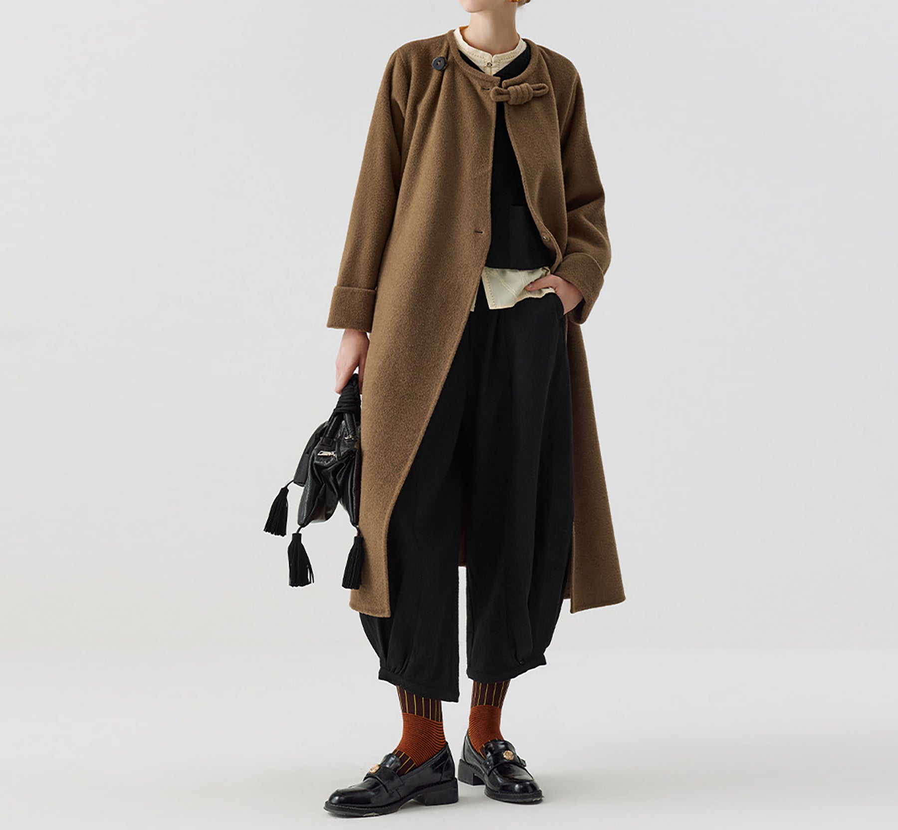 edoa Retro Chinese Style Double-faced Wool Long Princess Coat