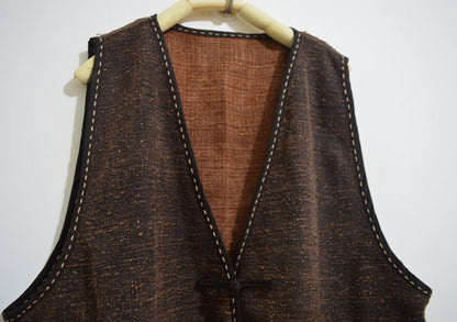 Reversible Mud Hand Spun Tussah Silk V-neck Vest to0168 A744