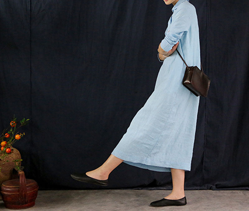 edoa Yarn Dyed Linen A Line Shirtdress