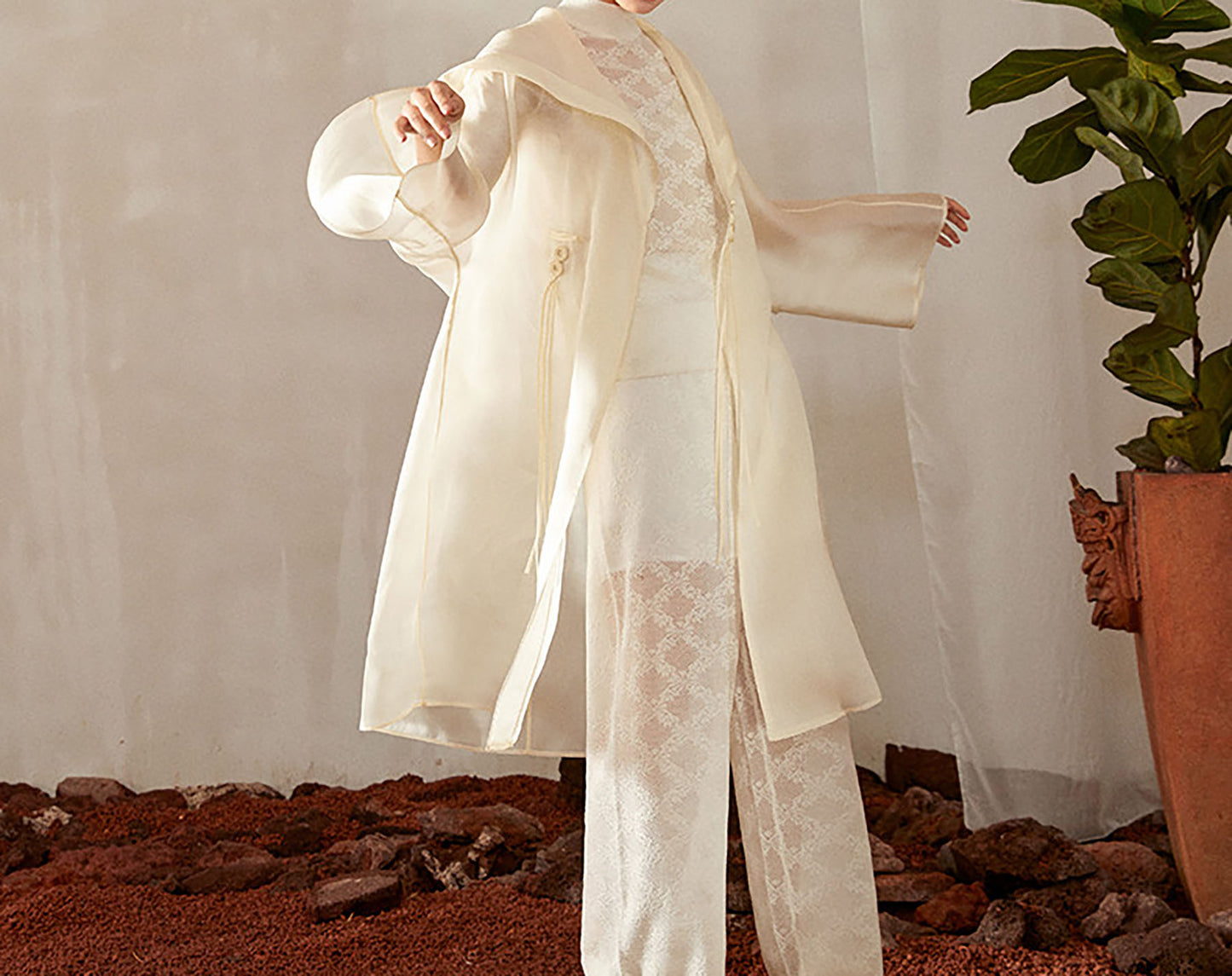 edoa Oversized Chinese Style Mulberry Silk Satin Organza Hooded Coat
