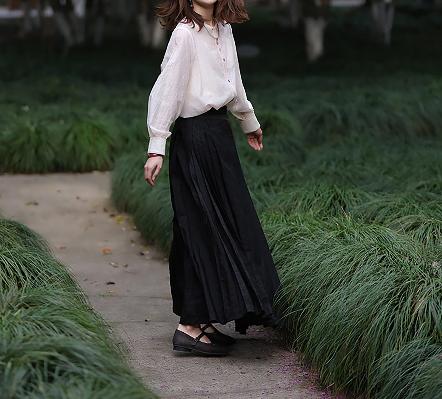 edoa Cracked Mud Silk Maxi Pleated Skirt 