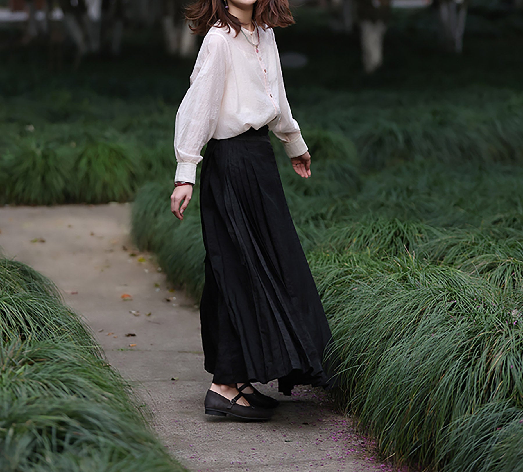 edoa Cracked Mud Silk Maxi Pleated Skirt 