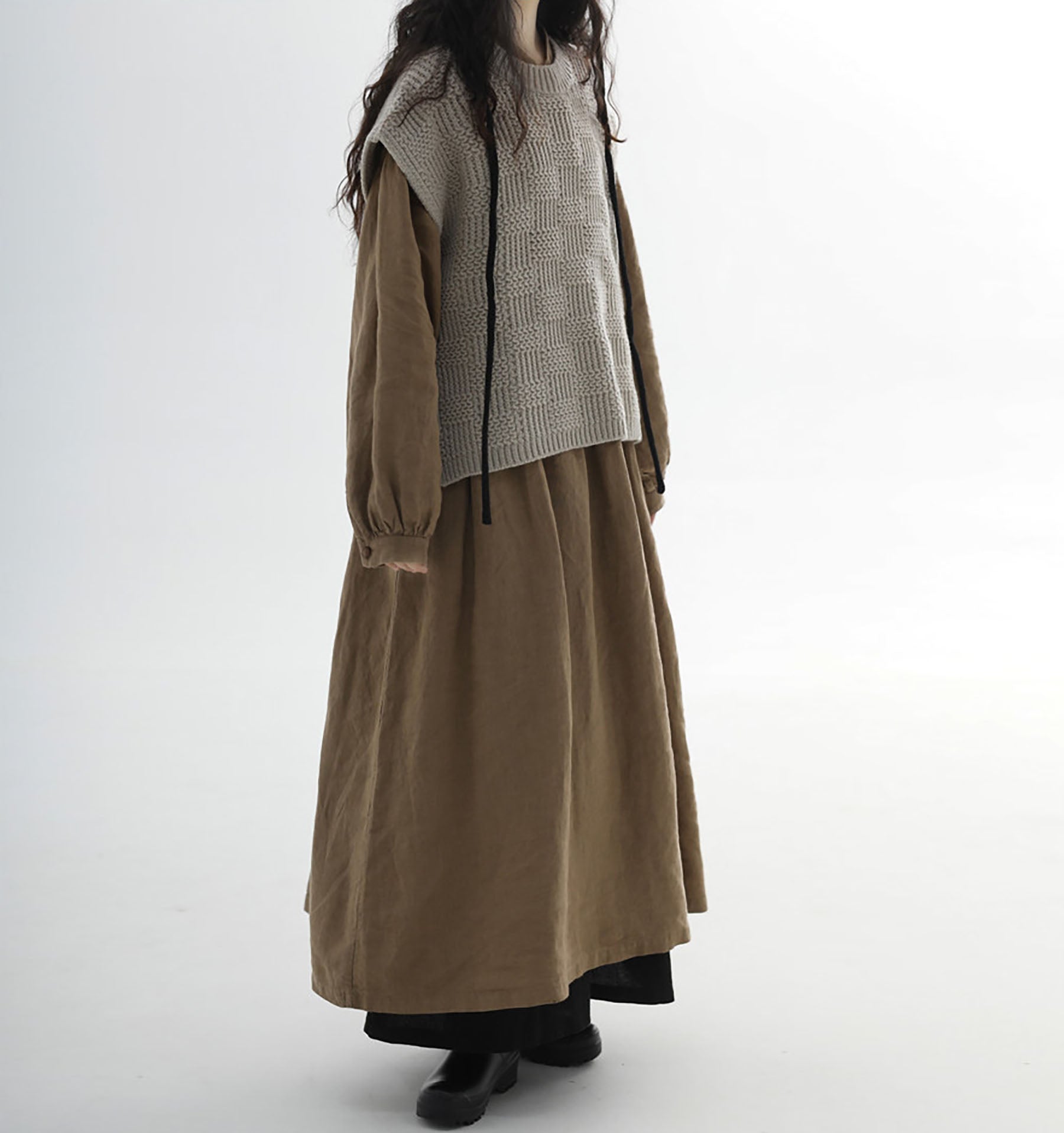 edoa Loose Brown Stone-washed Linen Dress