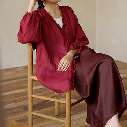 edoa Thin Ramie Pintuck Poet Blouse