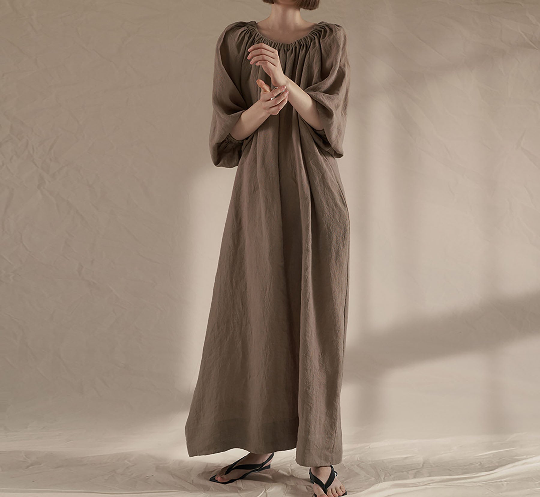 edoa Gathered Long Linen Dress 