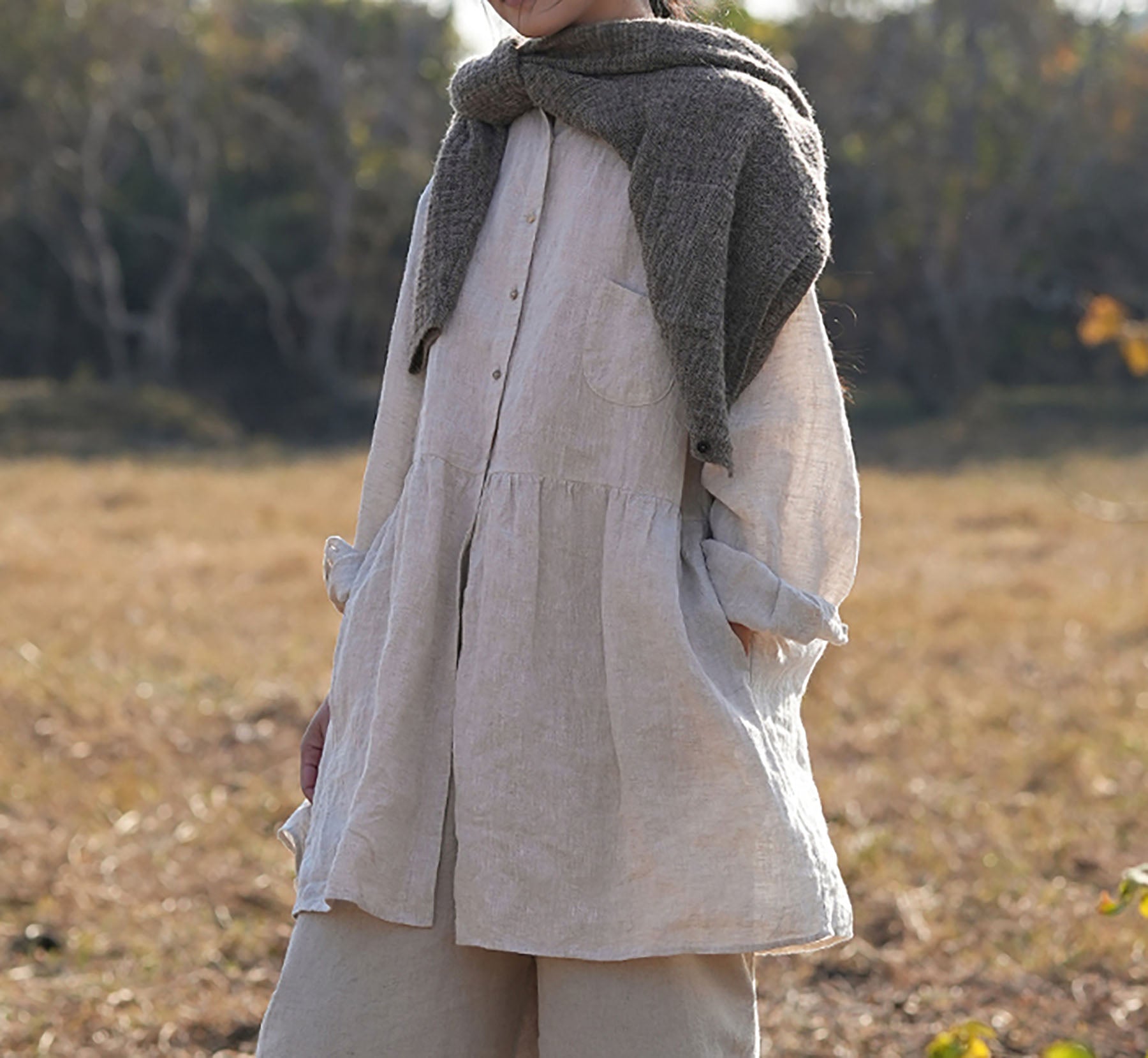 edoa Flax Linen Blouse with Ruffled Hem