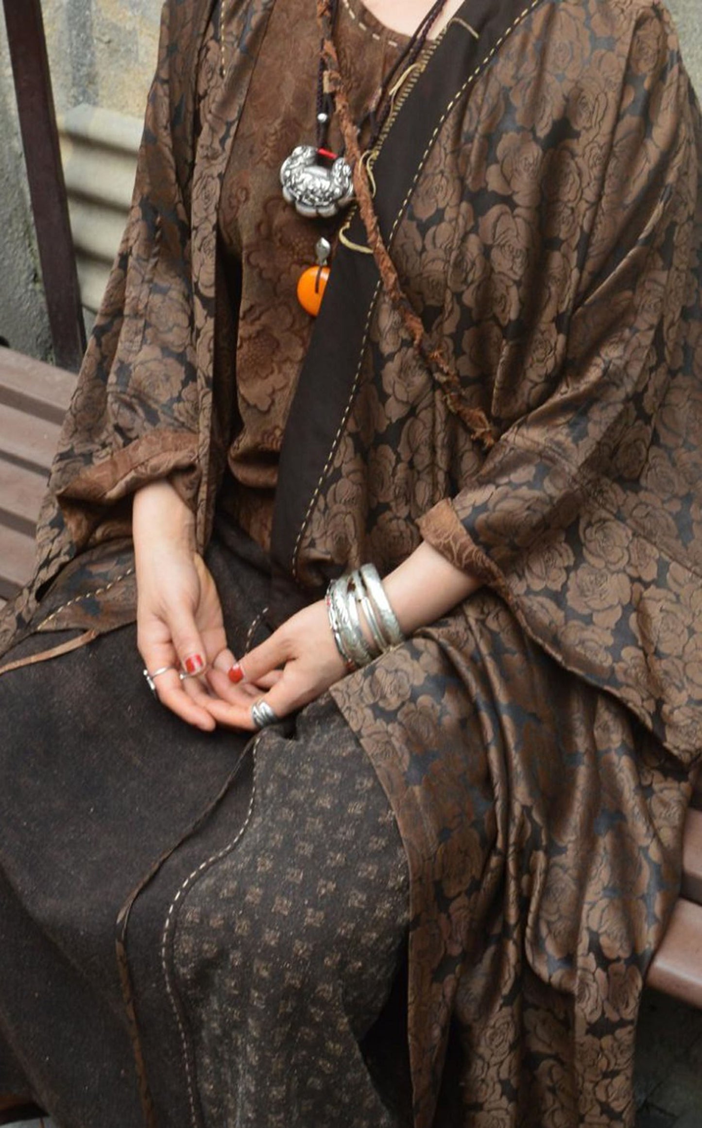 edoa Mud Silk Jacquard Kimono Coat in Rose Pattern