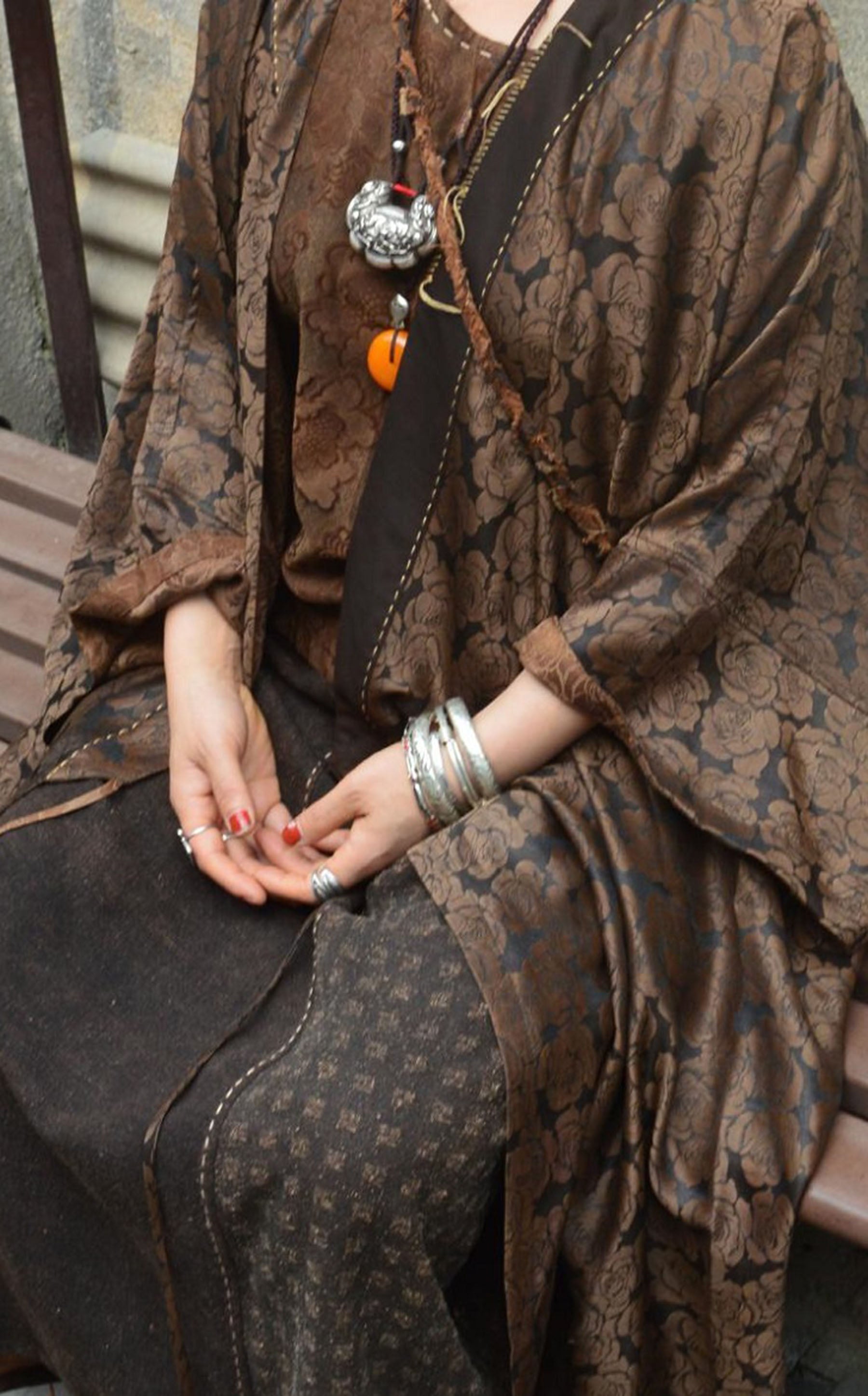 edoa Mud Silk Jacquard Kimono Coat in Rose Pattern