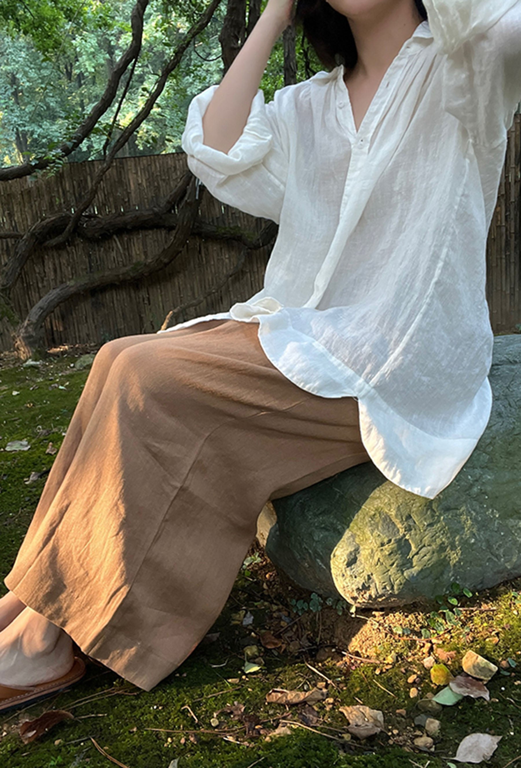 edoa Oversized Off White Washed Linen Shirt 