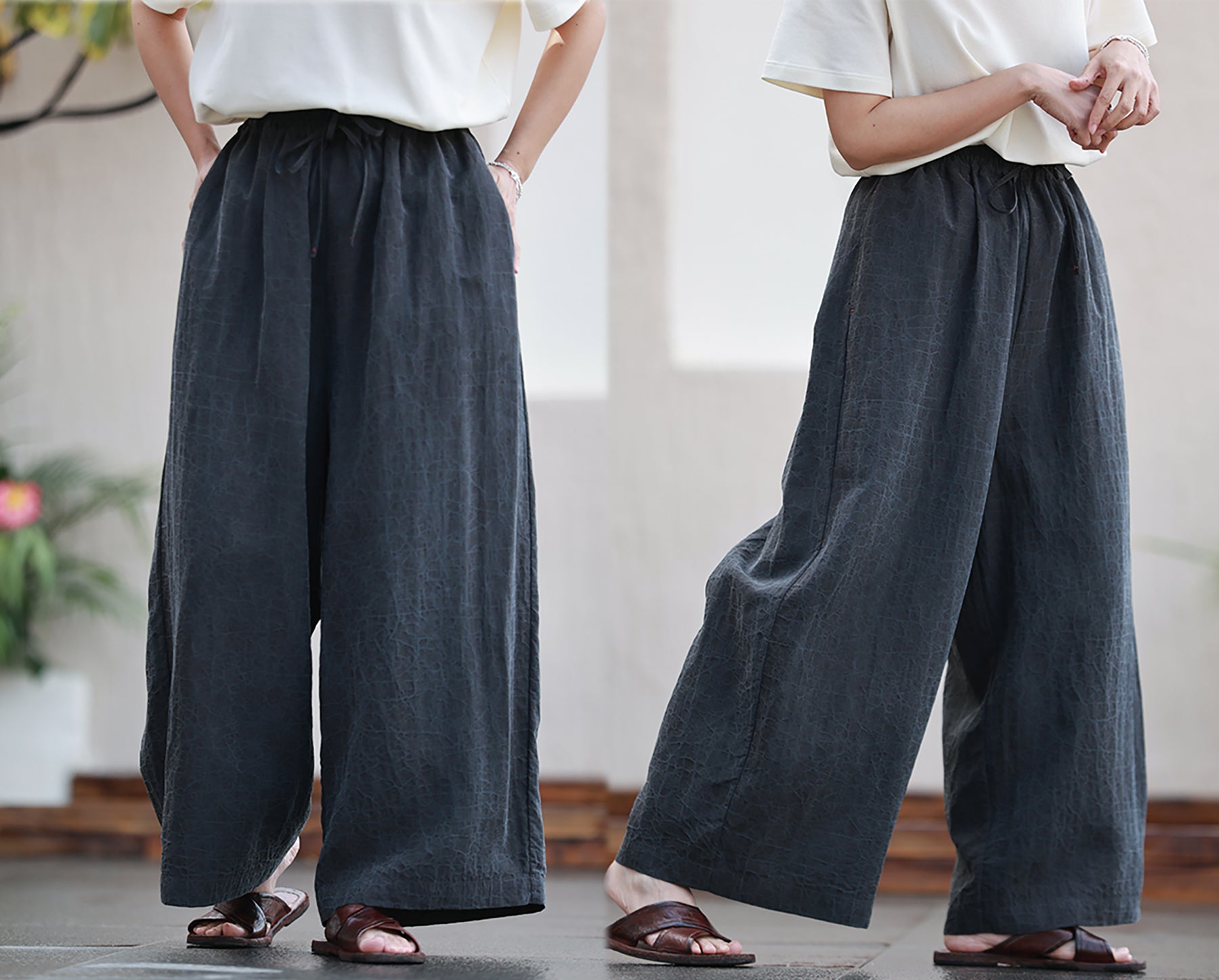 edoa Cracked Mud Silk Wide Leg Pants 