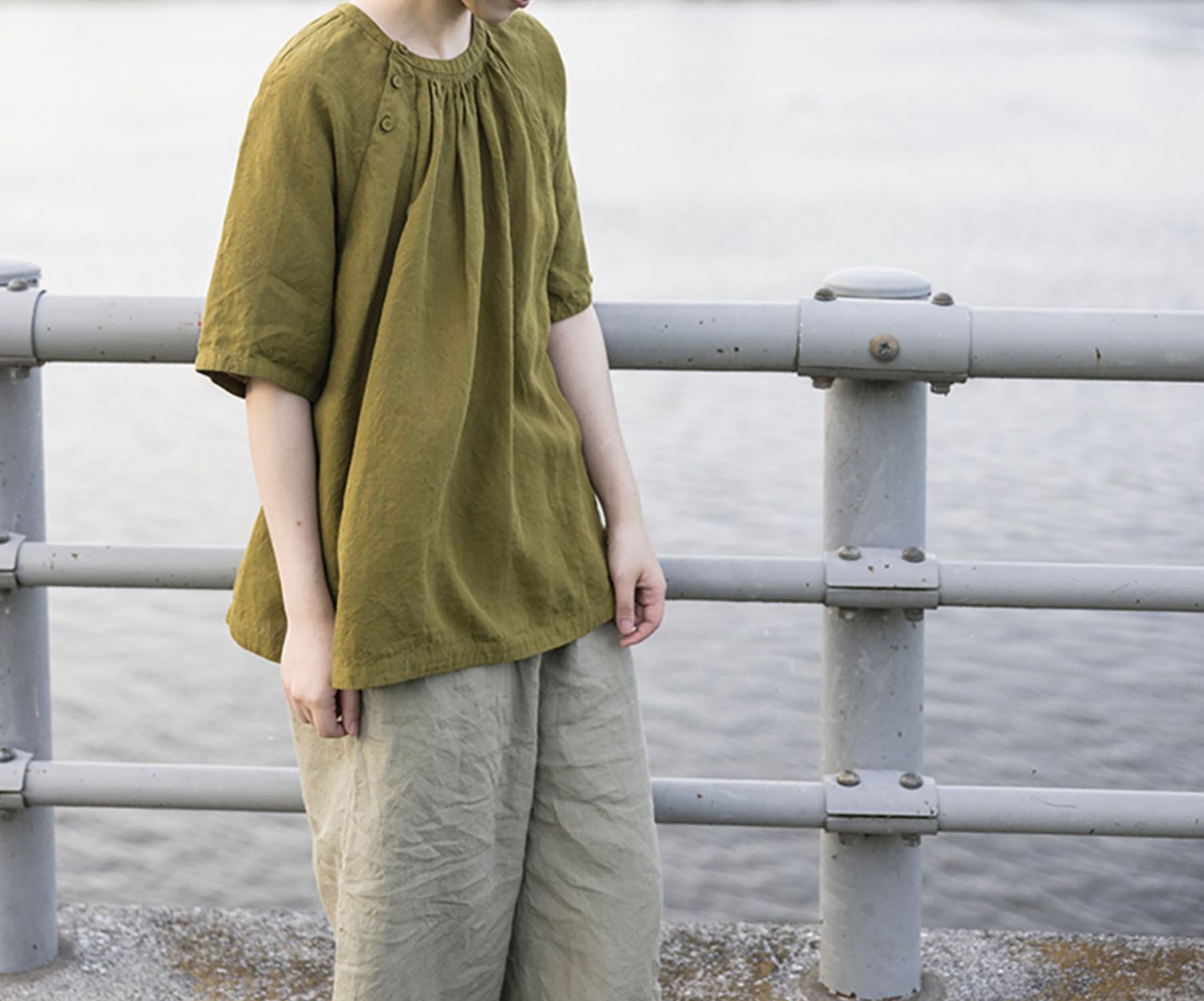 edoa Summer Linen Gathered Neck Blouse