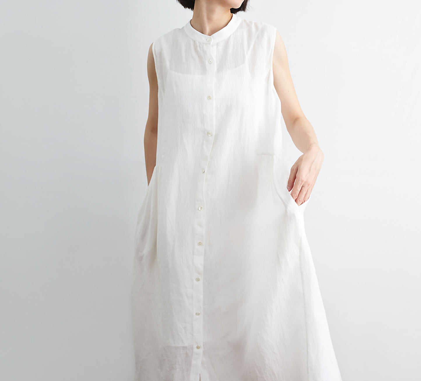 edoa Off White Sleeveless Linen Shirt Dress