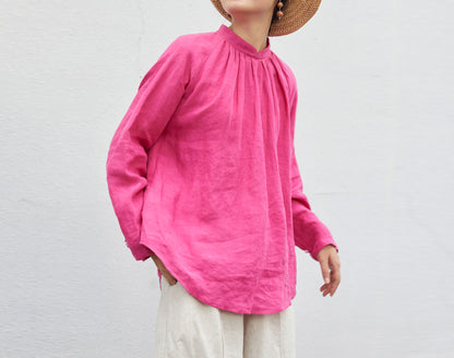 edoa Peach Washed Linen Victorian Blouse