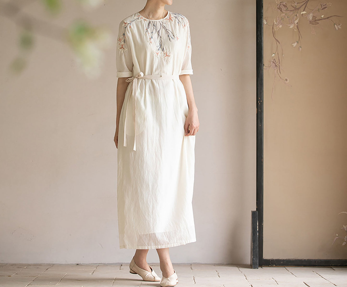 edoa Cotton Silk Blend Hand Embroidered Dress 