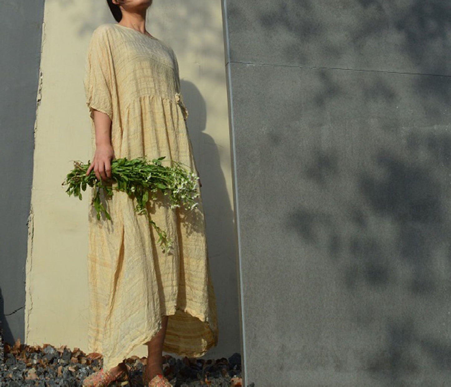 edoa Embroidered High Waist Hand-spun Tussah Silk Dress 
