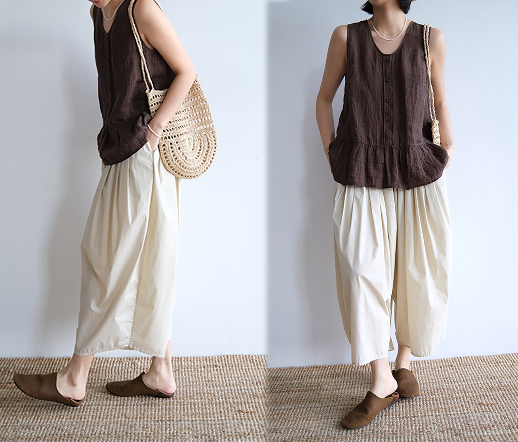 edoa Brown Yarn Dyed Linen Tank Top