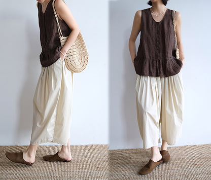 edoa Brown Yarn Dyed Linen Tank Top