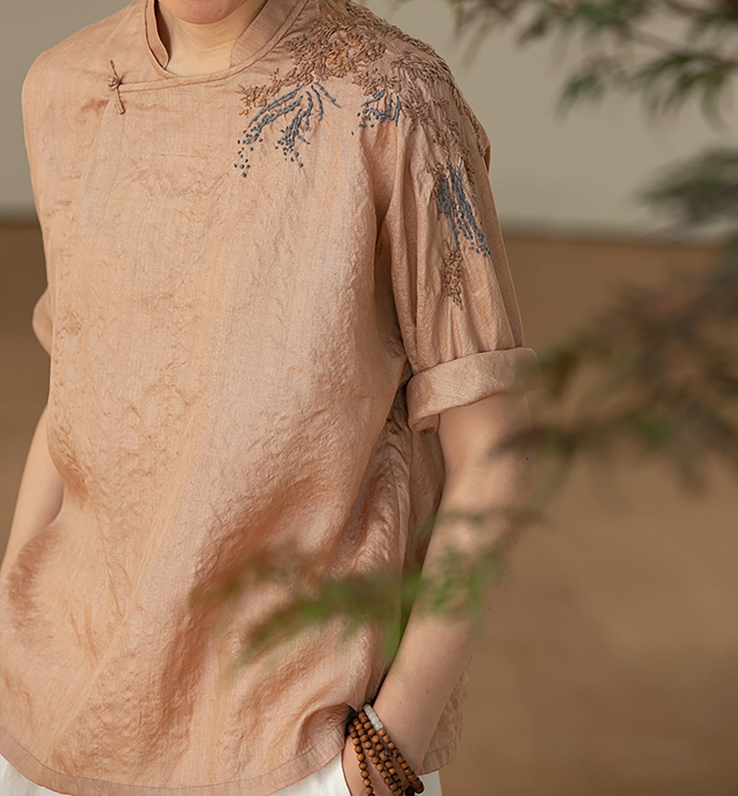 edoa Tussah Silk Hand Embroidery Chinese Blouse