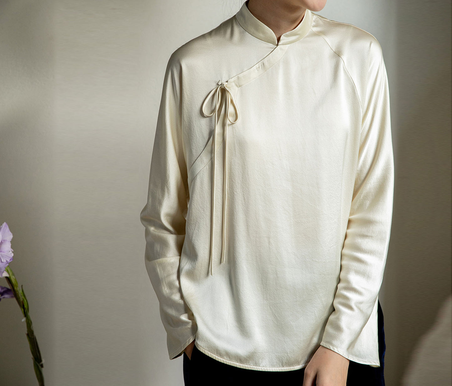 edoa Stone Washed Silk Satin Chinese Blouse