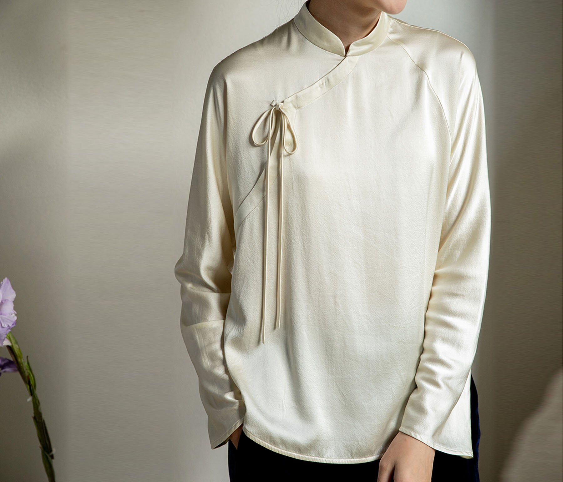 edoa Stone Washed Silk Satin Chinese Blouse