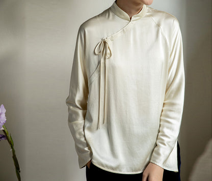 edoa Stone Washed Silk Satin Chinese Blouse