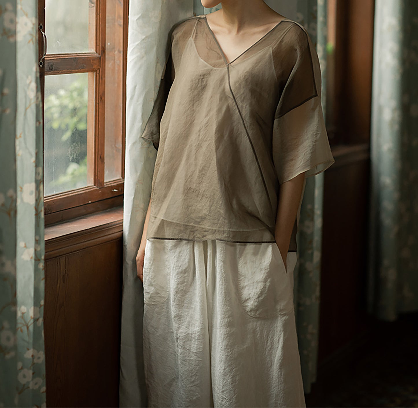 edoa Brown and Beige See-Through Silk T-Shirt 