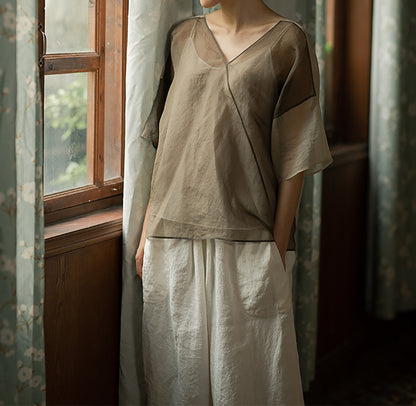 edoa Brown and Beige See-Through Silk T-Shirt 