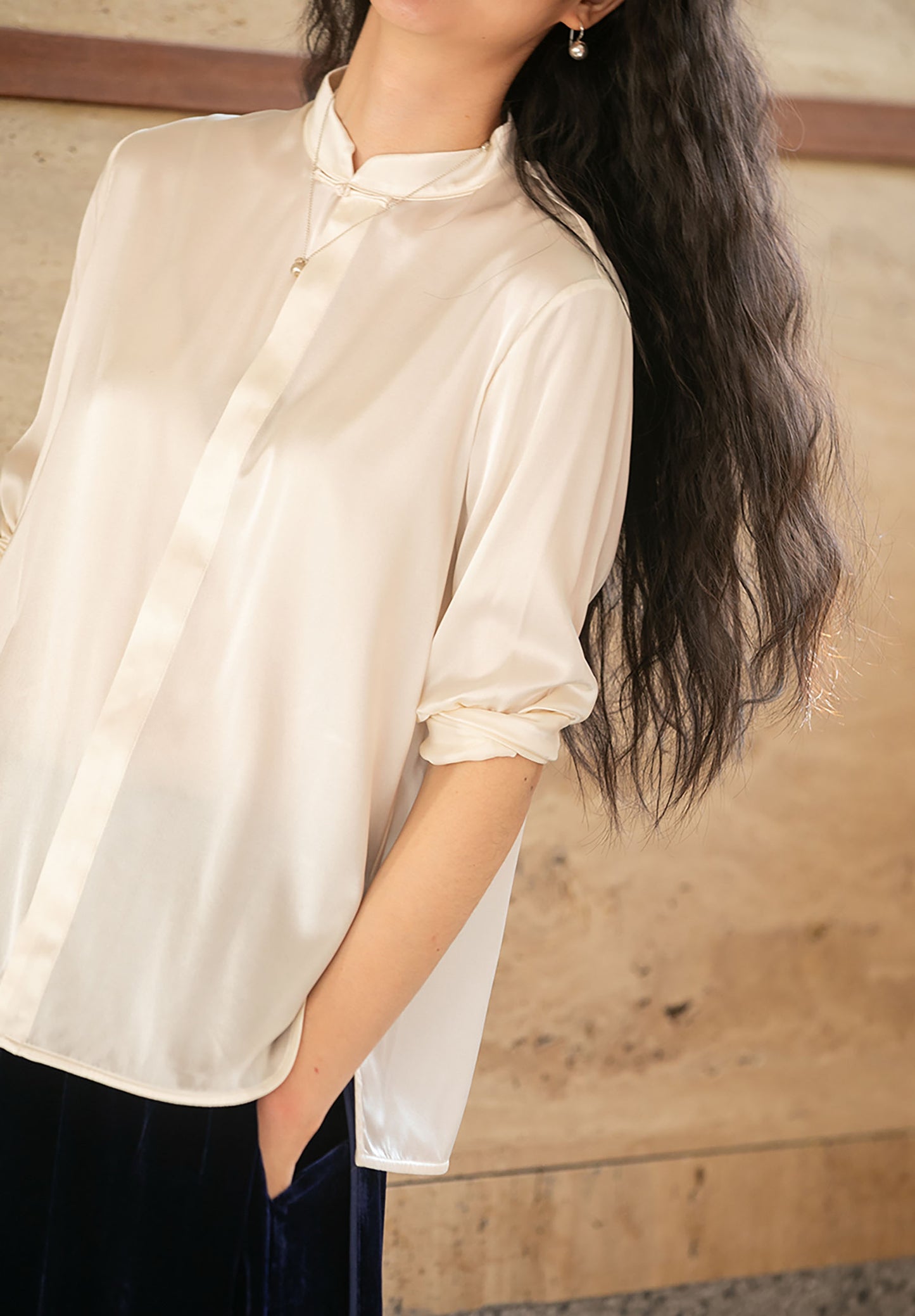 edoa Stretch Silk Satin Chinese Blouse