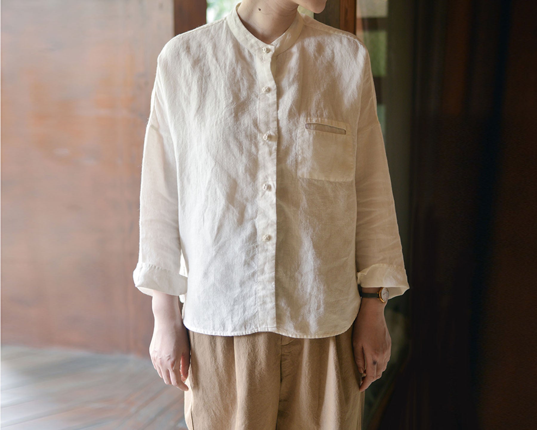 edoa Stand Collar Linen Chinese Shirt 