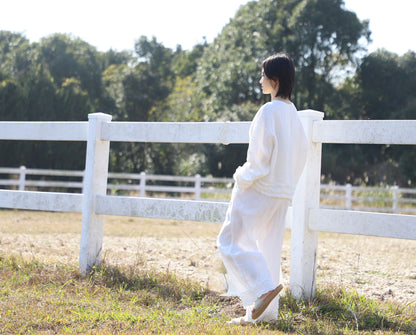 edoa White Linen Wide-leg Ruffled Resort Pants 