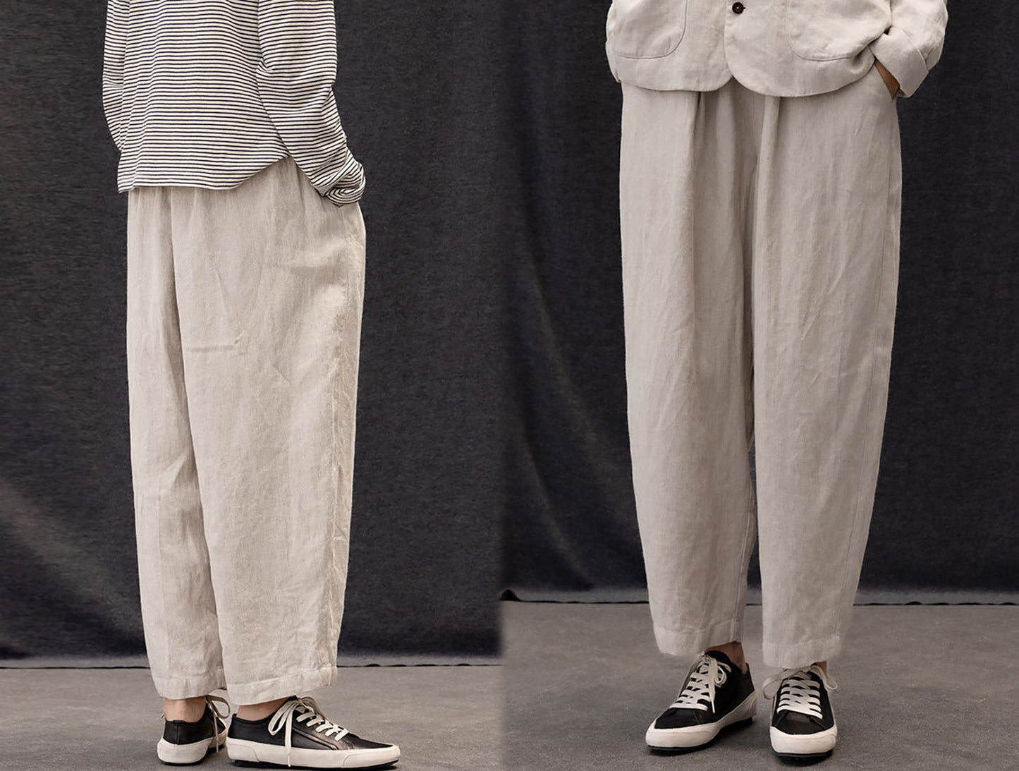 edoa Twill Flax Linen Tapered Pants with Elastic Waistband