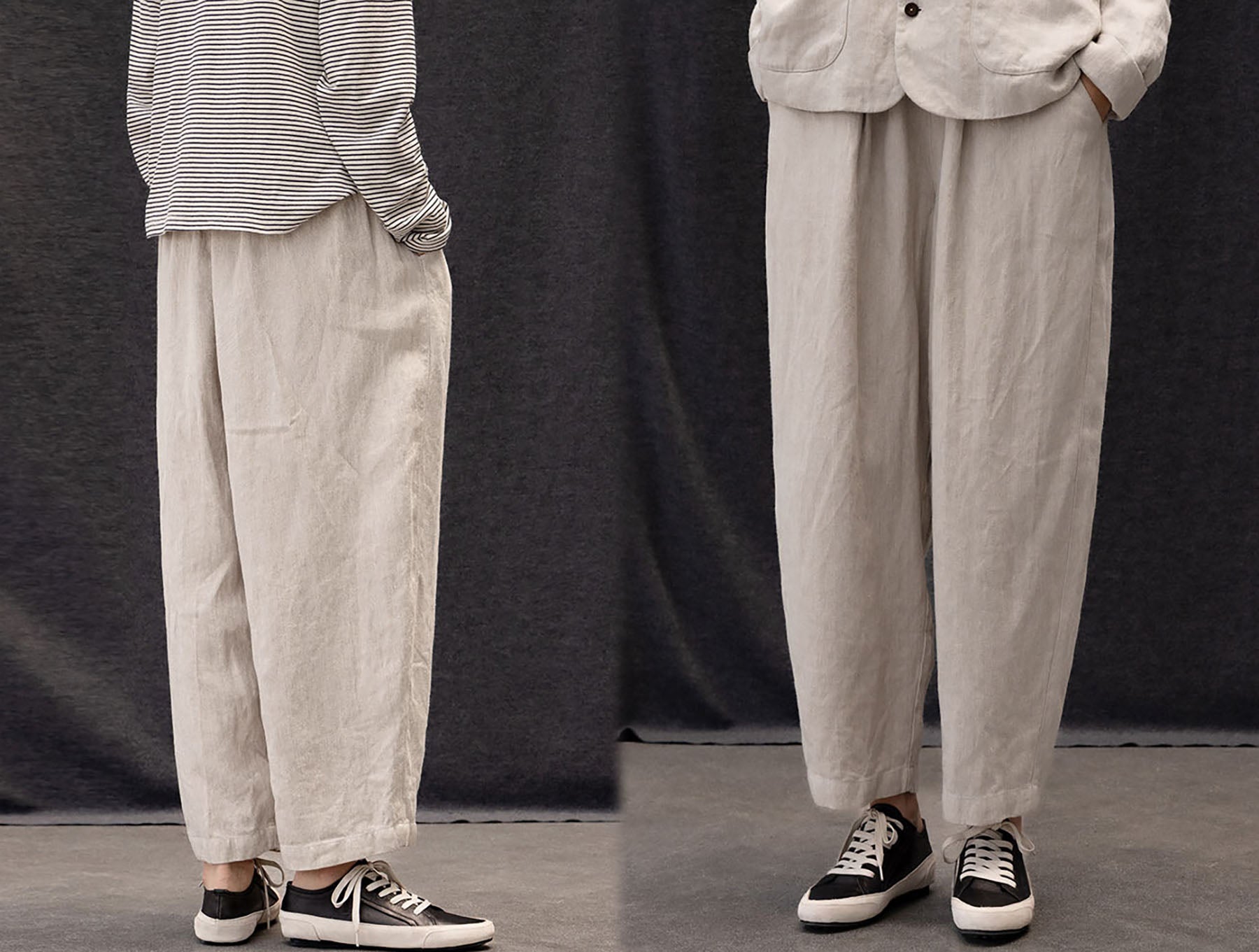 edoa Twill Flax Linen Tapered Pants with Elastic Waistband