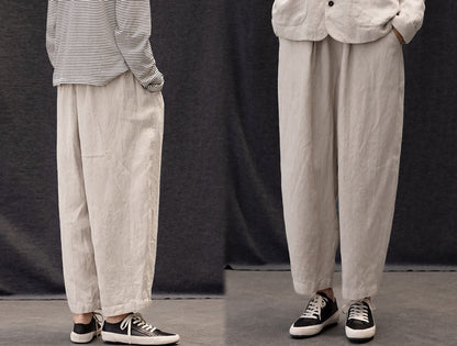 edoa Twill Flax Linen Tapered Pants with Elastic Waistband