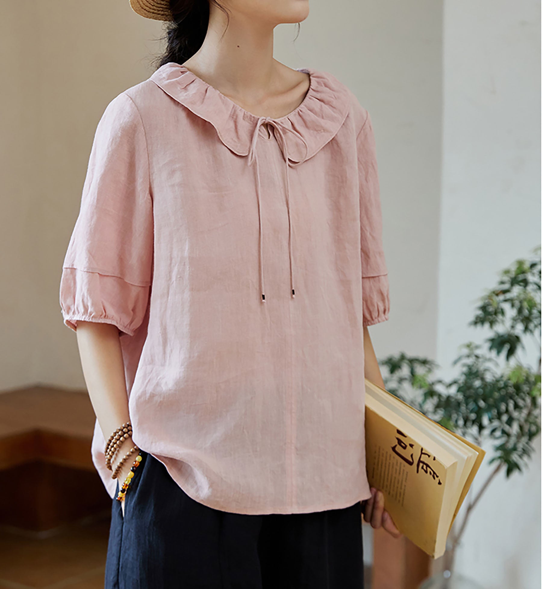 edoa Pink Linen Ruffle Blouse