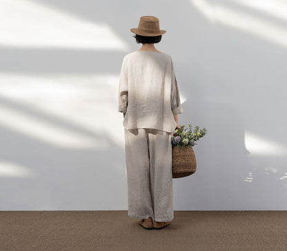 edoa Wide Leg Linen Pants with Drawstring Waist