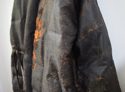 edoa Winter Loose Fitting Distressed Mud Silk Quilt Down Coat wih Hand Embroidery