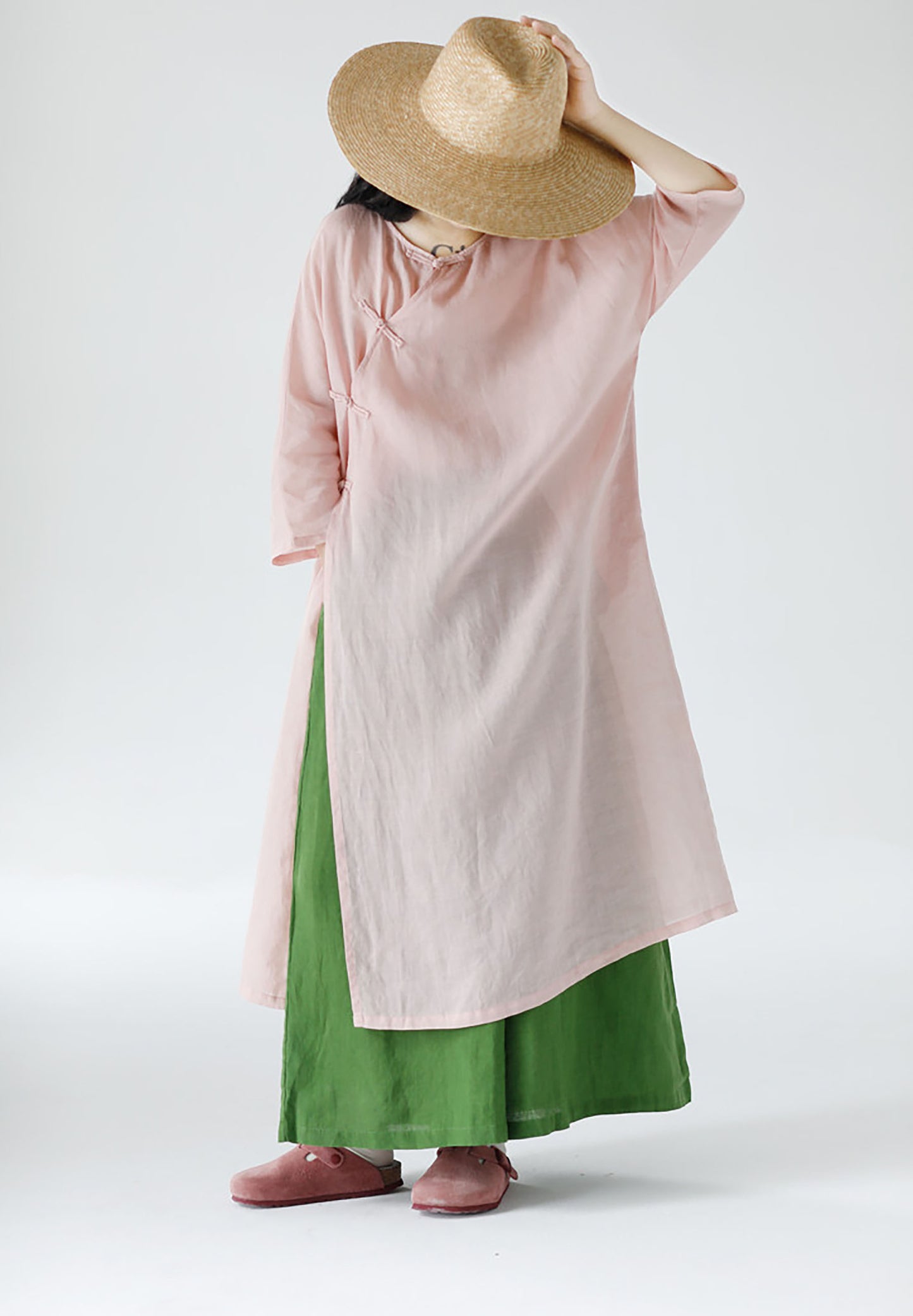 edoa Loose New Chinese Style Pink Ramie Bracelet Sleeve Cheongsam Dress