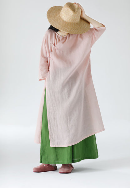 edoa Loose New Chinese Style Pink Ramie Bracelet Sleeve Cheongsam Dress