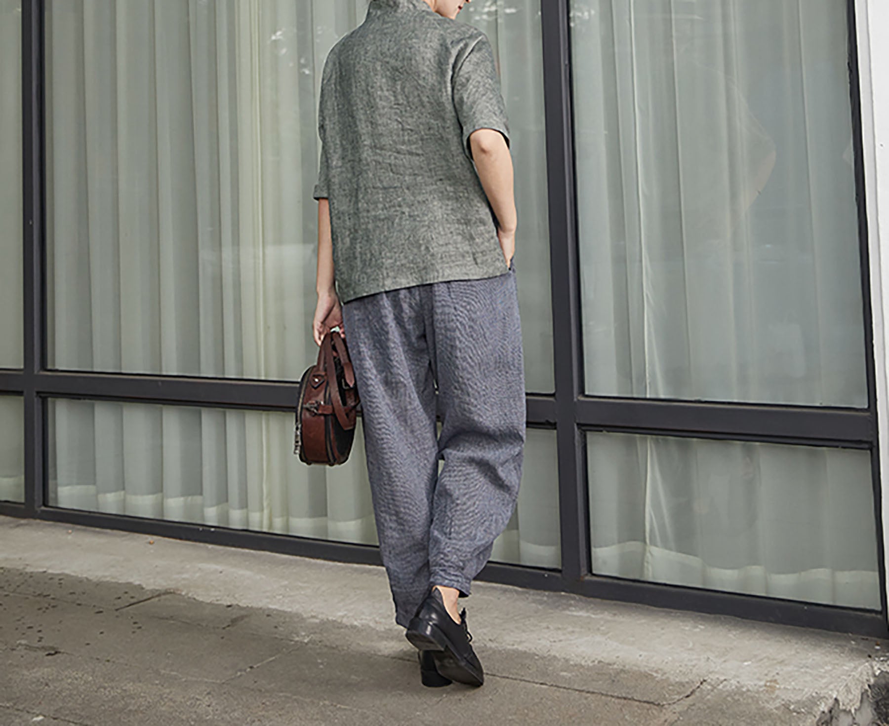 edoa Yarn Dyed Linen Chinese Shirt
