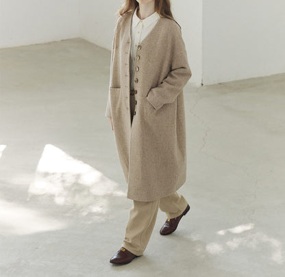 edoa Elegant V-neck Wool Long Coat
