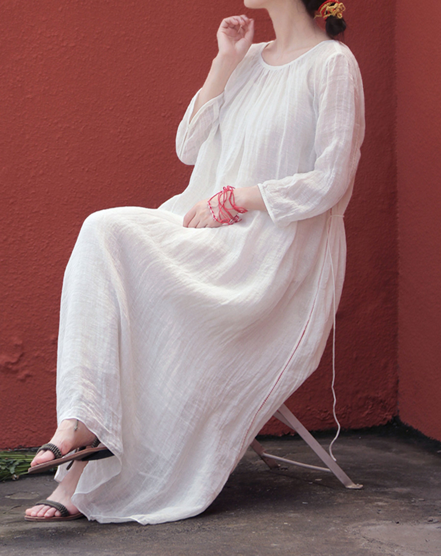 edoa White Linen Gauzy Maxi Dress with Hand Stitch Jointed Panels