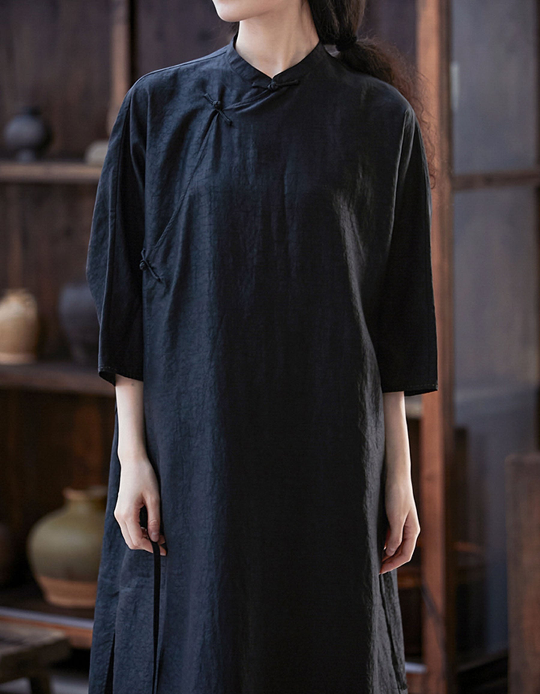 edoa Loose Fitting Cracked Mud Silk Qipao Dress 
