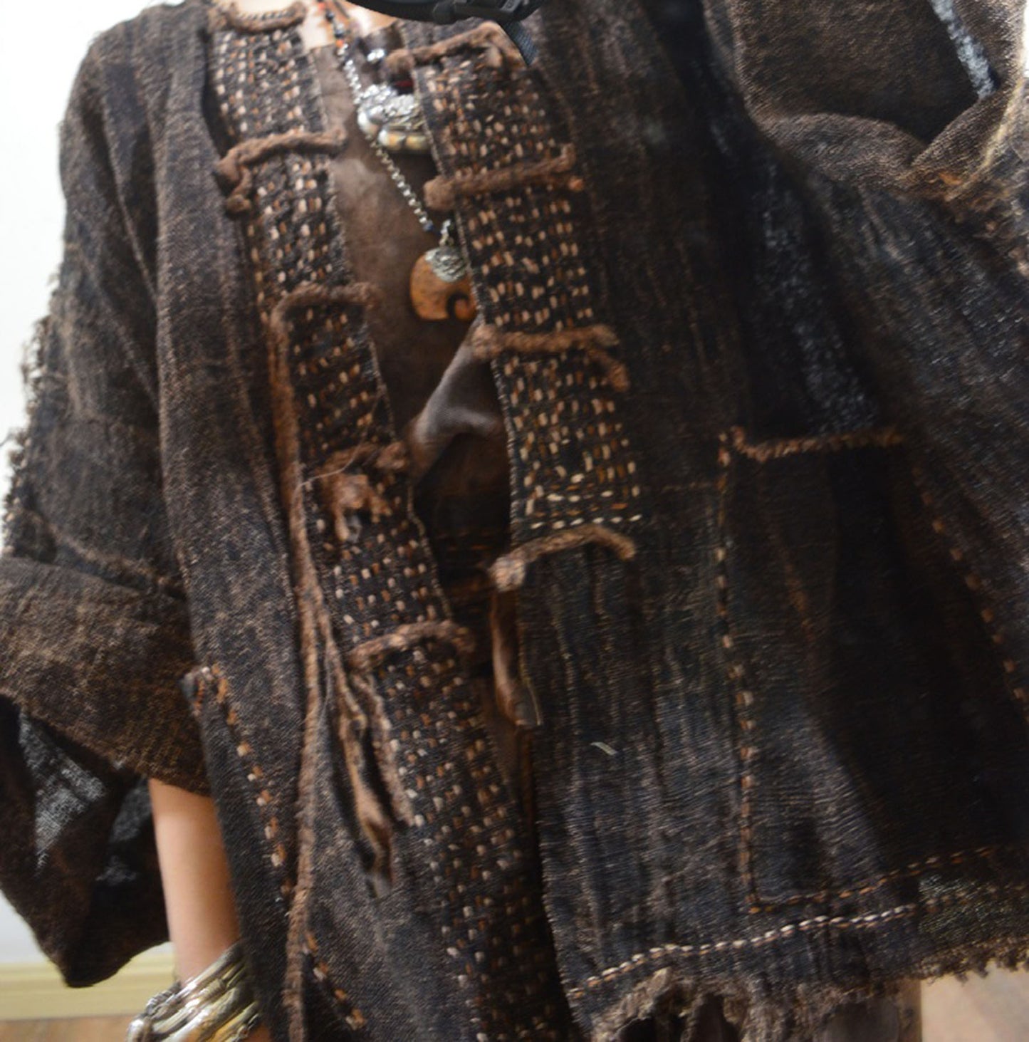 Loose Fitting Plant Dyed Hand Woven Linen Cardigan Jacket ja0051 A673