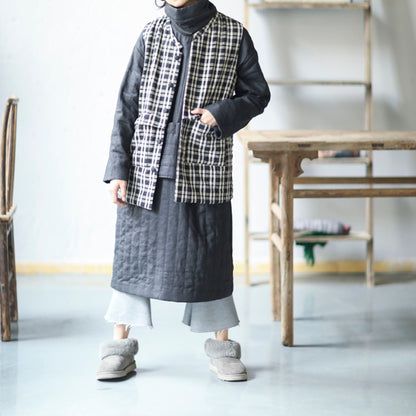 edoa Linen Turtle Neck Quilted Pull-over Coat